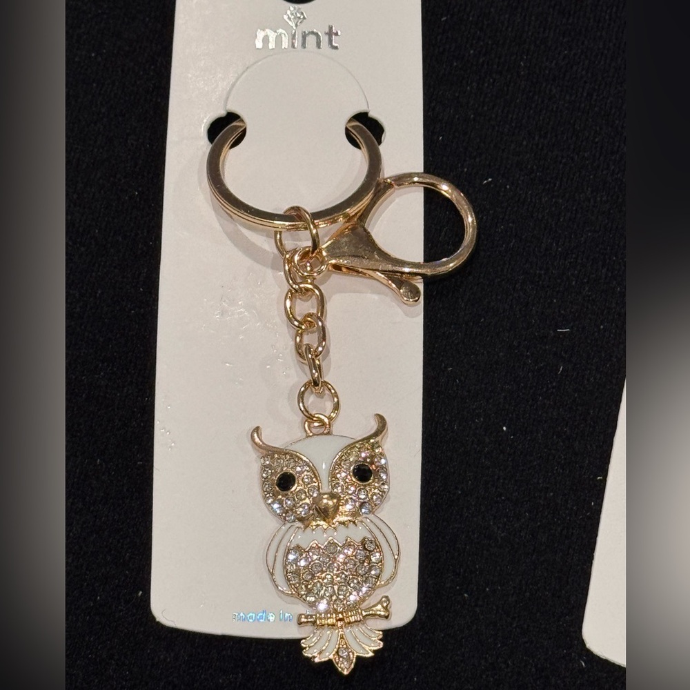 BAG CHARM Mint White Enamel Clear Crystal Owl Keychain Purse Charm 4 inch